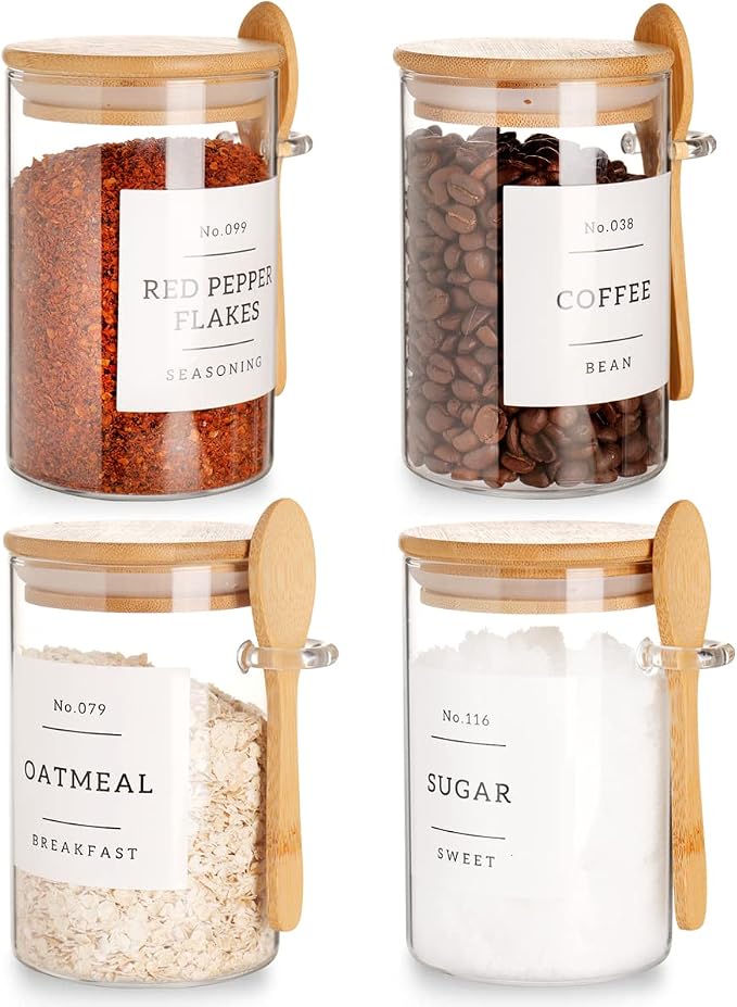CZZGSM Glass Jar with Bamboo Lid and Spoon - 4 Pcs 17 oz Sugar Container with 132 Food Pantry Labels - Glass Containers with Wooden Lids Hold Coffee, Tea, Candy - Image 8