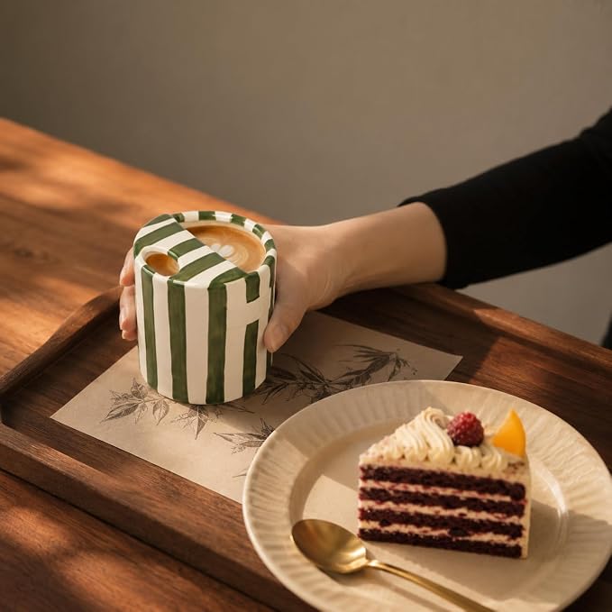 Ceramic Coffee Mug with Sip Hole Striped Travel Espresso Cup with Sleeve | Retro Hand-Painted Multiple Use, Microwave & Dishwasher Safe for Coffee Lovers(Green) - Image 7