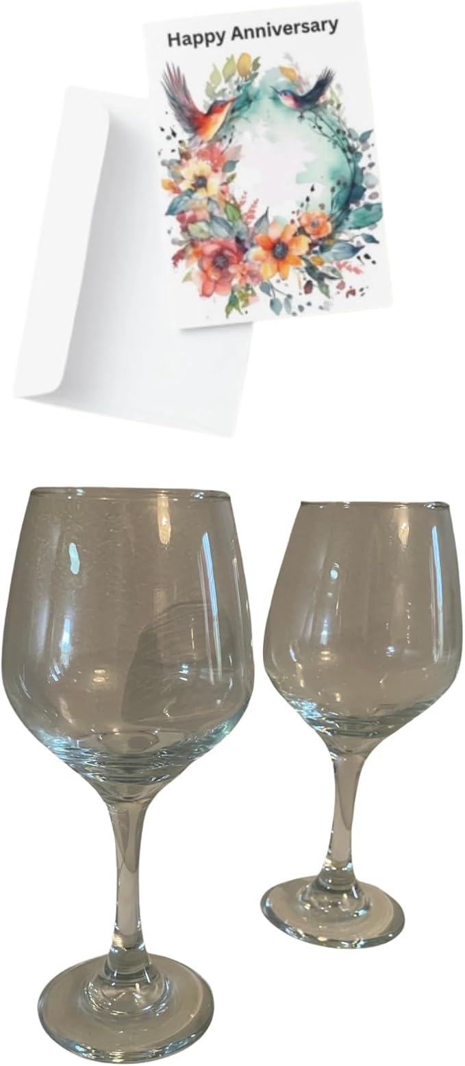 Wine Glasses Set of 2 with Happy Anniversary Greeting Card | Includes Envelope, Clear Stemmed Glasses, Couples Gift Set, Floral Card Design, 2-Piece Glassware by Unknown