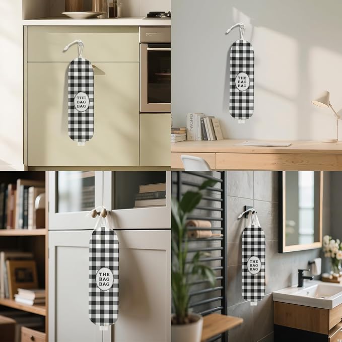 Black White Buffalo Check Plaid Plastic Bag Holder for Kitchen Essentials | Wall Mount Grocery Bag Holder for Plastic Bags, Minimalist Reusable Grocery Bags Storage Dispenser for Home Kitchen - Image 6
