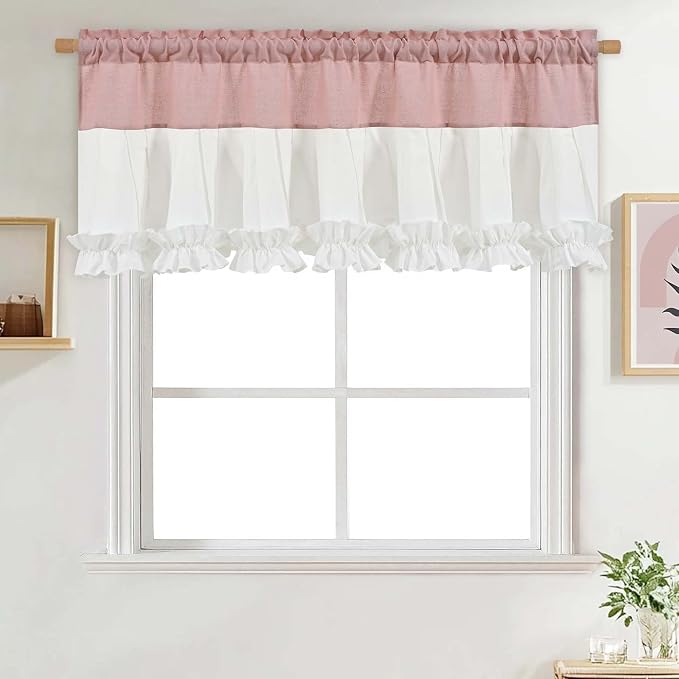 Likiyol Linen Valances for Windows Farmhouse Window Valances with Ruffle Rustic Country Light Filtering Kitchen Valance Curtains Rod Pocket Valance for Bathroom Cafe, Pink White, 52" W X 18" L - Image 9