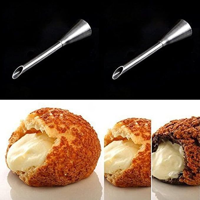 4 PCS buttercream frosting pipe nozzle skills, professional stainless steel long cream puff adornment small cakes muffin nozzle decoration pastry powder pipe tools (silver)