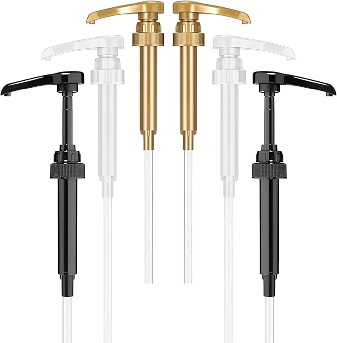 Premium Syrup Pump Compatible w/Torani 750 ml Bottle, Davinci Syrups - No Spill, No Clog Syrup Pump Dispenser for Vanilla, Snow Cone, Coffee Flavoring & More (Pack of 6, Black, White & Gold)