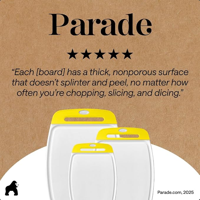 GORILLA GRIP BPA-Free Reversible Kitchen Cutting Board Set of 3, US Designed, Nonporous, Juice Grooves Catch Liquid, Slip Resistant Border, Dishwasher Safe, Durable Large Food Chopping Boards, Yellow - Image 9