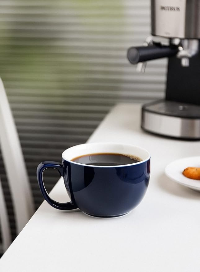 Teocera 16oz Large Coffee Mugs Set of 4 - Thick White Porcelain Cups for Cappuccino, Latte, Tea & Hot Chocolate - Dishwasher Safe Ceramic with Comfort Grip Handles(Navy