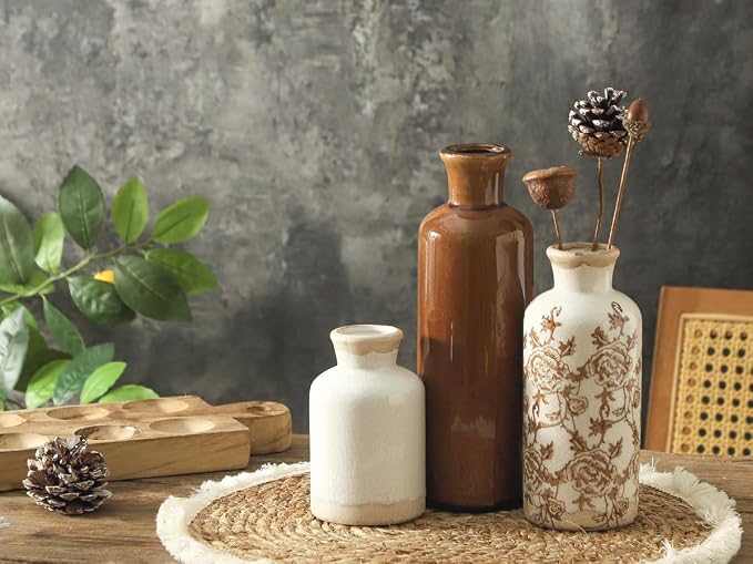Vintage Vase Set of 3, Ceramic Vintage Flower Vases, Chinoiserie Decorative Home Decor Retro Floral Vase Rustic Farmhouse Decor for Table Bookshelf Mantel Kitchen Living Room Office - Brown - Image 7