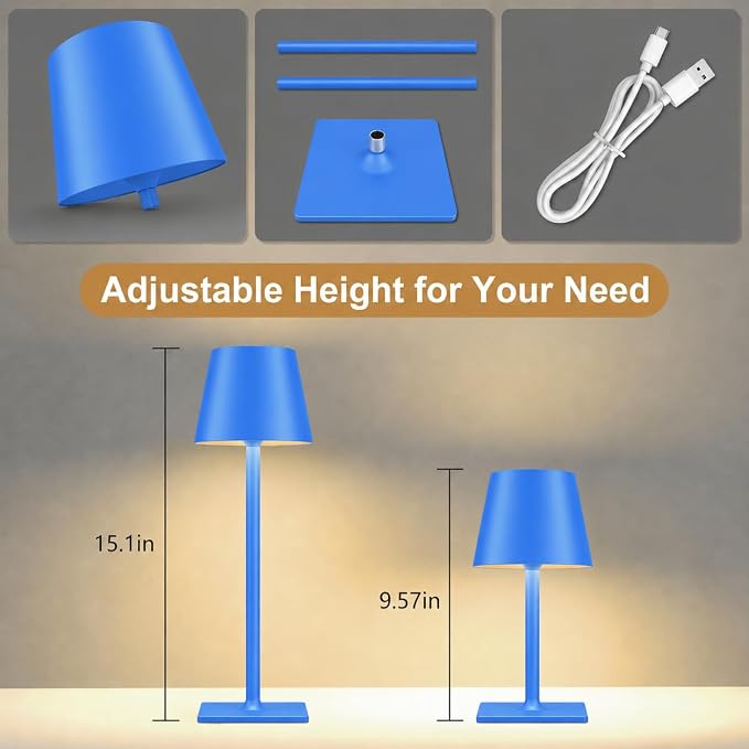 Yogaret Blue Cordless Table Lamp Set of 2, Indoor/Outdoor Table Lamp for Restaurant Home Dinner Patio Pinic | Portable table lights set of 2 wireless battery operated lamps for indoor tables, patio, restaurant, dinner and kitchen use - Image 7