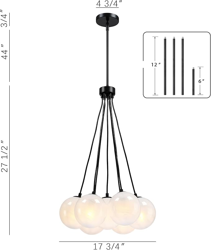 Modern Globe Black Chandelier Milky Glass Shade Sputnik Ceiling Light Fixture, Mid Century Bubble Dining Room Pendant Light, Hanging Island Light for Kitchen Bedroom Entryway Over Table - Image 7