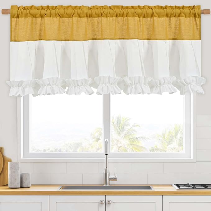 Likiyol Linen Valances for Windows Farmhouse Window Valances with Ruffle Rustic Country Light Filtering Kitchen Valance Curtains Rod Pocket Valance for Bathroom Cafe, Yellow White, 52" W X 18" L - Image 9