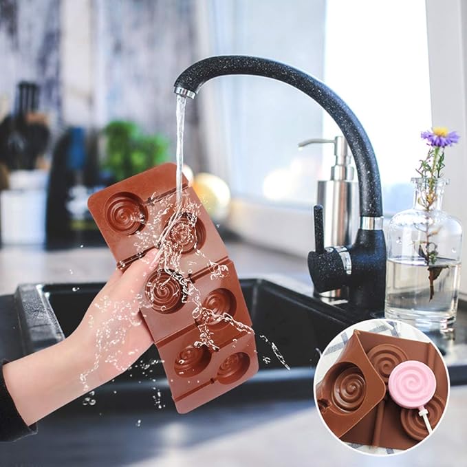 Round Silicone Mold for Lollipop Hard Candy Chocolate Cake Decorating With 24pcs Reusable Sticks Swirl Shape Set of 4