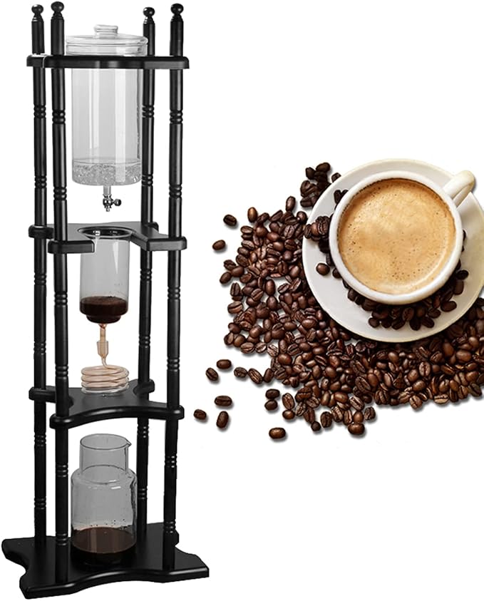 Cold Drip Coffee Maker, 2L Large Capacity Solid Wood Machine, Japanese Cold Brew Maker with Slow Drip Technology, Makes 25 Cups Coffee Tower for Bars, Clubs, Parties, Shop(Black-Red)