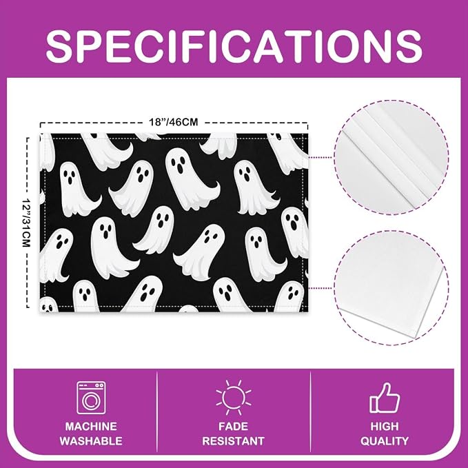 Feelyou Happy Halloween Placemats Set of 4 Cute Ghost Table Mats Black White Place Mat for Kitchen Dining Table Party Decor Indoor Outdoor 18"x12" Non-Slip Easy to Clean Witchcraft - Image 4