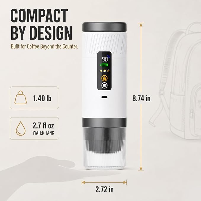 Portable Espresso Machine, 3-in-1 Self-Heating Coffee Maker, 290 PSI, USB-C | Self-heating 3-in-1 portable espresso maker for capsules & ground coffee, 290 PSI hot/cold brew, USB-C charging, Pure White - Image 9