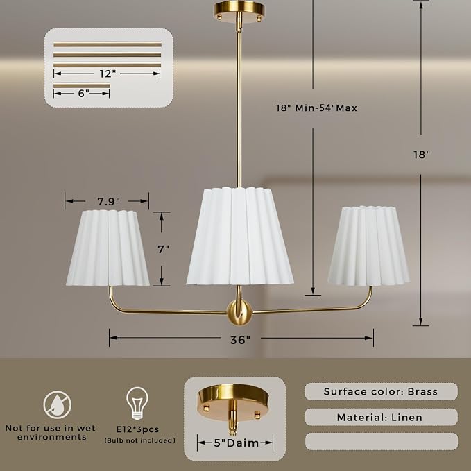 Mid-Century 3-Light Chandelier, Aged Brass & Linen | Natural Ivory Pleated Conical Shades, 120° Equal Arms, Perfect for Kitchen Island, Dining Room, Living Room - Image 9