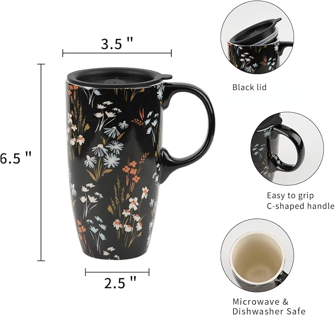 Topadorn 17oz Ceramic Travel Mug with Lid, Cottagecore Wildflower Cup | Large Ceramic Coffee Mug • Meadow Floral Design • Comfortable Handle • Microwave & Dishwasher Safe • Gift Box - Image 8