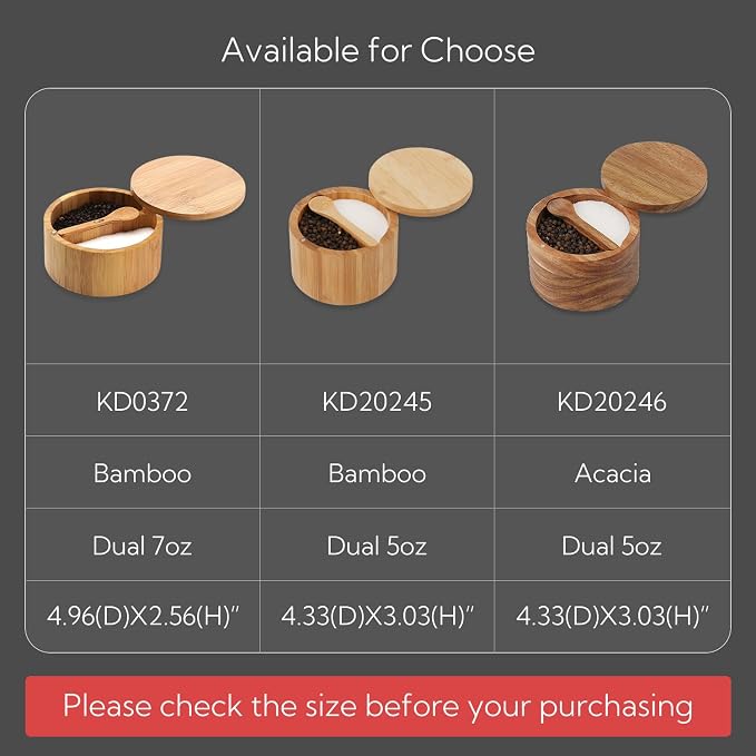 KITCHENDAO Bamboo Salt and Pepper Bowl Box Cellar, Built-in Spoon, Two Compartments Spice Seasoning Container, Sea Salt Cellar Holder, Magnetic Swivel Lid, Dual 5oz Capacity - Image 7