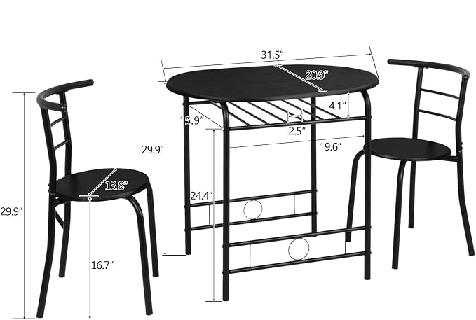 VINGLI 3 Piece Dining Set,Small Kitchen Table Set for 2,Breakfast Table Set,Kitchen Wooden Table and 2 Chairs for Small Space/Dining Room/Apartment,Metal Frame,Wine Rack,Black - Image 6