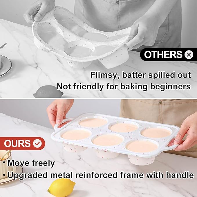 CAKETIME Large Muffin Pan, Metal Reinforced Frame 3.5 Inch Jumbo Silicone Muffin Pan Nonstick 6 Cups for Baking Jumbo Muffin, Frittatas, Jumbo Cupcakes 2 Pack