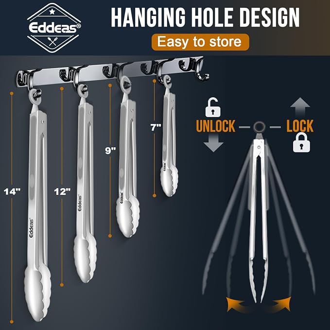 EDDEAS Tongs For Cooking - Heat Resistant 600 Degrees Metal Kitchen Tongs, Heavy Duty Stainless Steel Tongs - Perfect for Food, BBQ Set of 4, 7-9-12 &14 inch Grey - Image 9
