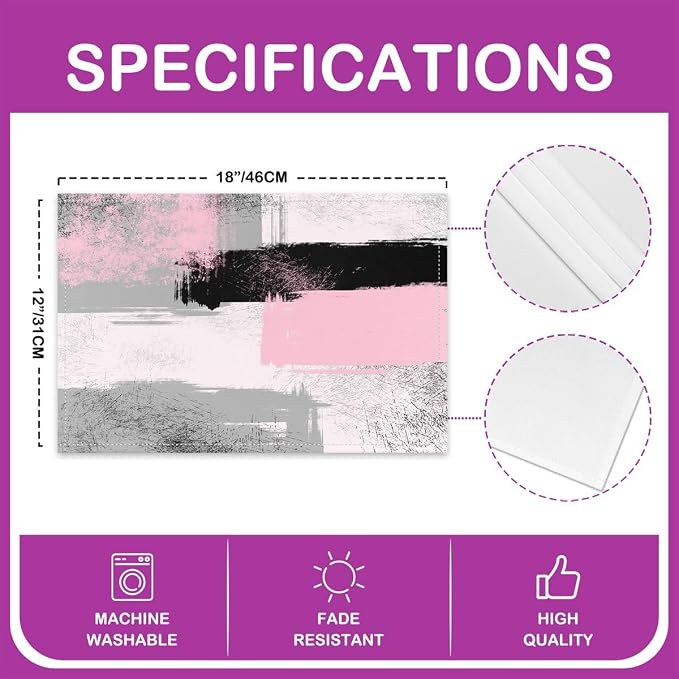 Feelyou Light Pink Black Grey White Placemats Set of 4 for Kids Boys Girls Abstract Placemat for Kitchen Dining Table Decor Indoor Outdoor 18"x12" Ombre Modern Table Place Mats, Decor Buffalo Check - Image 4