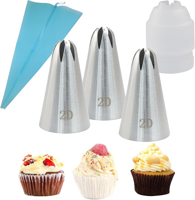 3 Pcs 2D Piping Tips, Stainless Steel Decorating Seamless Nozzles Icing Tips with Coupler Adapter & 12In Silicone Pastry Bag, Baking Tools for Birthday Cakes/Cupcakes/Cookie