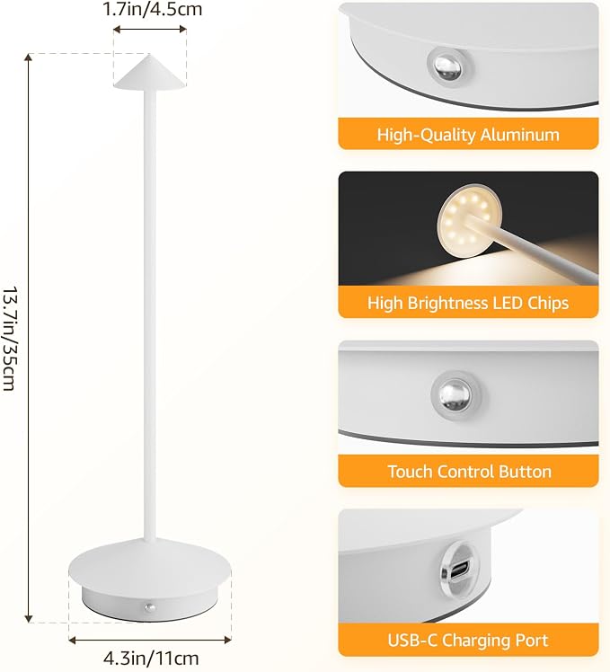 Cordless LED Table Lamps,Portable Battery Desk Lamp,2 Pack,White | 6000mAh Rechargeable,3000K/4500K/6000K Touch Stepless Dimming,Aluminum IP54 Waterproof Wireless Lighting for Outdoor/Indoor - Image 9