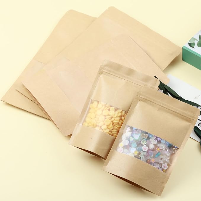 150 Kraft Mylar Bags for Food Storage 6X9 Mylar Bags with Window Candy Packaging Resealable Bags Reclosable Small Stand Up Pouches Edible Packaging, Kraft Paper Bags for Small Business - Image 8