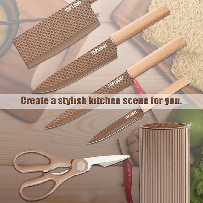 Knife Set, Wiztoynia 6-Piece Coffee Kitchen Knife Set for Home, Anti-Rust Non-stick Stainless Steel Sharp Chef Knife Set with Universal Knife Block for Kitchen, Ergonomical Design (Coffee) - Image 7