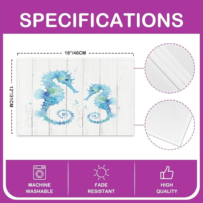 Feelyou Seahorse Placemats Set of 4 12"x18" Ocean Creature Themed Table Mats Placemat Sea Underwater World Placemats for Dining Table Indoor Outdoor Kitchen Decor Table Place Mats Marine Life Sealife - Image 4