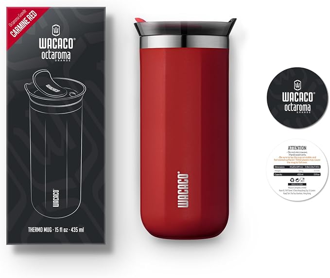 WACACO Octaroma Grande Vacuum Insulated Coffee Mug, 15 fl oz (435ml), Double-wall Stainless Steel Travel Tumbler With Drinking Lid, Carmine Red - Image 7