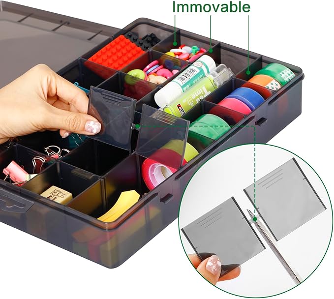 Large 24 Grids Plastic Organizer Box Adjustable Dividers,Clear Storage Box for Jewelry, Art DIY Crafts, Washi Tapes, Beads and Small Parts(Black, 1Pack)