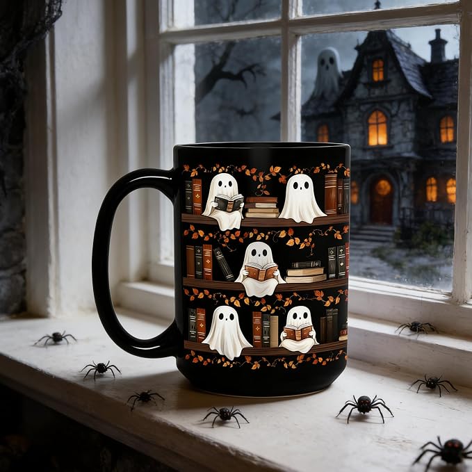 Halloween Ghost Reading Coffee Mug, Bookshelf Tea Cup, Black, 15oz | Ceramic, With Handle, Spooky Book Mug for Book Lovers & Readers, Novelty Festive Bookish Gift for Women, Friends, Coworkers - Image 9