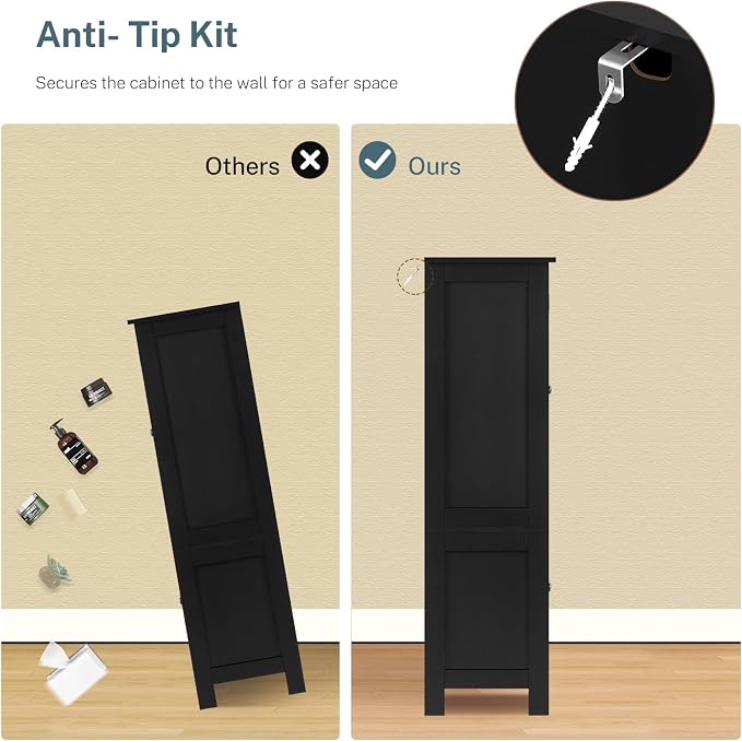 TEENFON Storage Cabinet with 4 Doors, Kitchen Cabinet with 6 Door Shelves | Kitchen Pantry Cabinet with Adjustable Shelves, for Living Room, Dining Room, Bathroom, Black - Image 9