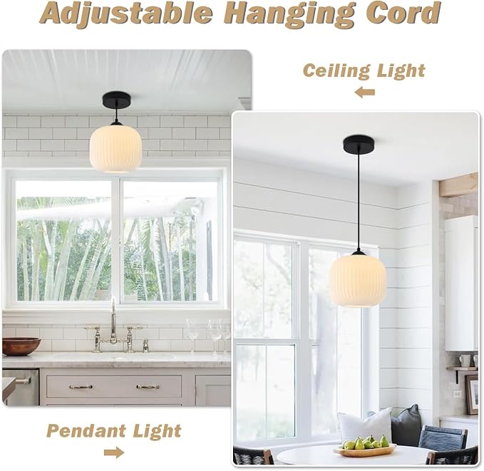 KCO Lighting Small Vintage 7.9” Black White Milk Ribbed Glass Pendant Light | Adjustable Cord E26 Hardwired Mid Century Modern Hanging Light for Sloped Ceilings Kitchen Island Bar Bedroom Dining Room - Image 7