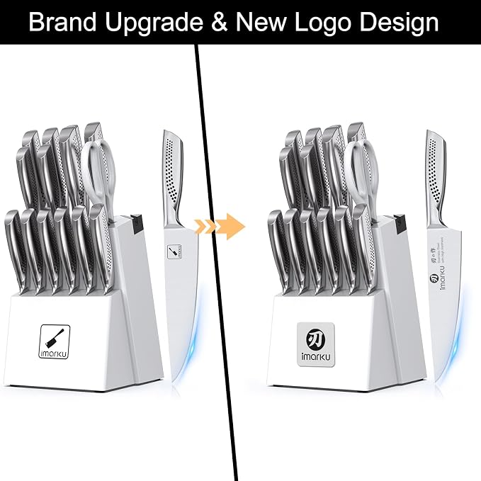 imarku® Knife Set, Japanese HC Stainless Steel 15 PCS Kitchen Knife Set With Block With Built-in Sharpener, Razor-Sharp Blade Knife Block Set With Dotted Ergomomic Handle, Best Birthday Gifts, White - Image 9