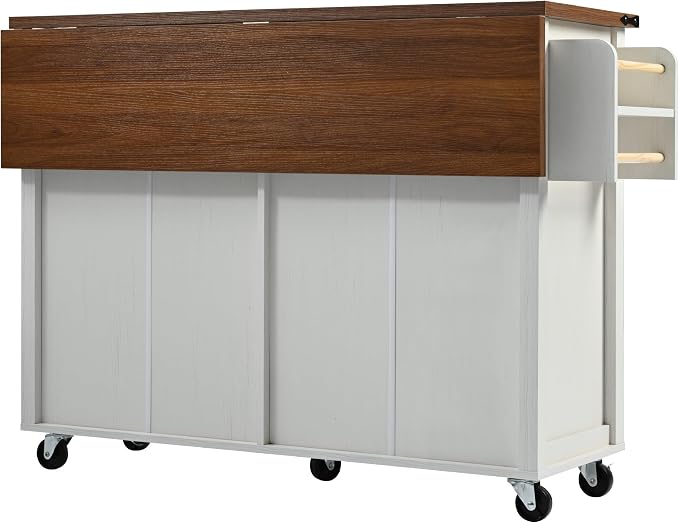 53.5’’ Rolling Kitchen Island Cart with Storage & Power Outlet, Retro White | Built-In Charging Station, Drop Leaf, 2 Drawers, 4 Door Cabinets, Adjustable Shelves, Lockable Wheels, Spice & Towel Rack - Image 9