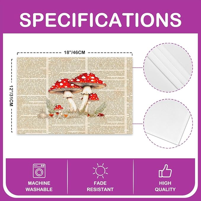 Feelyou Cute Mushroom Decor Table Place Mats 18"x12" Lettering Placemats Set of 4 Wild Mushroom Placemat for Kitchen Dining Table Decor Indoor Outdoor Longleg Mushroom Decor Table Place Mats - Image 4