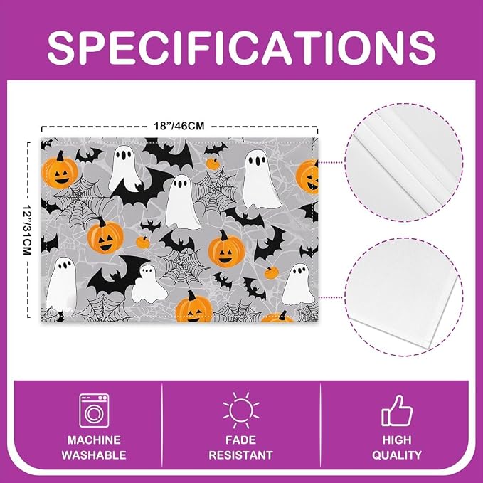 Feelyou Happy Halloween Placemats Set of 4 Cute Ghost Table Mats Gray Black Orange Place Mat for Kitchen Dining Table Party Decor Indoor Outdoor 18"x12" Non-Slip Easy to Clean Pumpkin Lantern Bats - Image 4