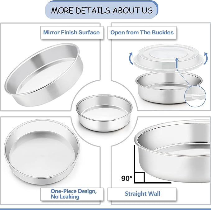 TeamFar 8 Inch Cake Pan, Stainless Steel Round Baking Pans with Lids-4 PCS | Smash Cake Pan Tins, Baking Steaming Serving for Wedding Bakery Camping Picnic, Oven & Dishwasher Safe(2 Pans + 2 Lids) - Image 7