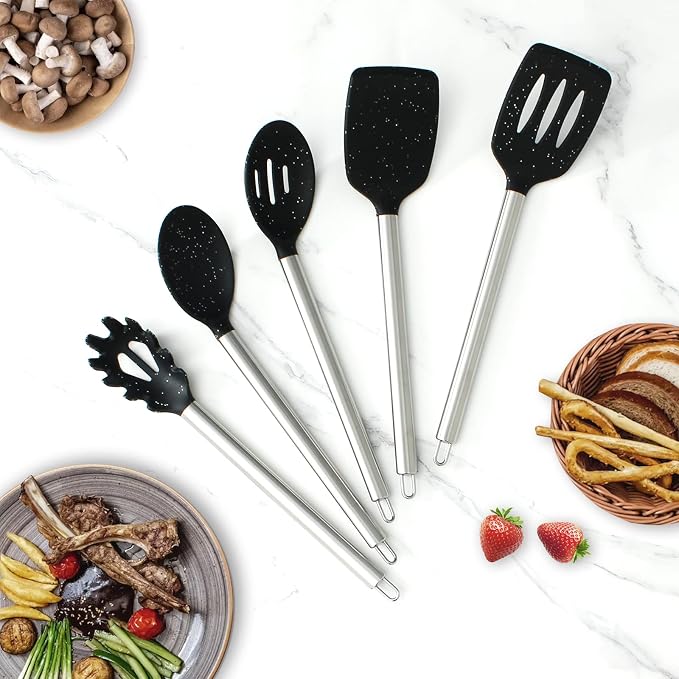 COOK WITH COLOR Silicone Cooking Utensils, Kitchen Utensil Set, Easy to Clean Silicone Kitchen Utensils, Cooking Utensils for Nonstick Cookware, Kitchen Gadgets Set, 5 Pieces, Speckled Black - Image 8