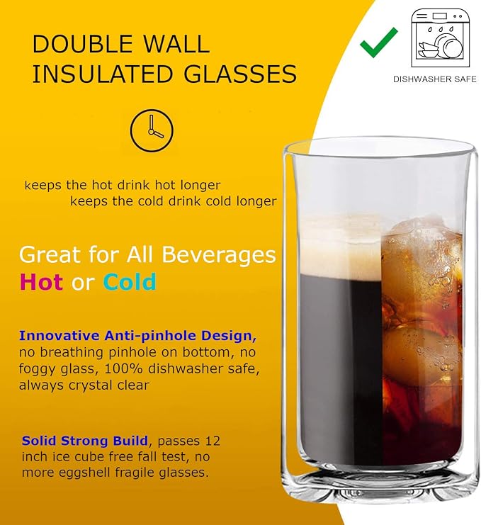 Sun's Tea Double Wall Insulated Glass Tumbler, 16oz (450ml) Highball Glass Cups for Beer, Lemonade, Iced Tea, Tropical Drink, Cocktail, Smoothie, Mojito and Mixed Drinks, Set of 2 - Collins Style - Image 7