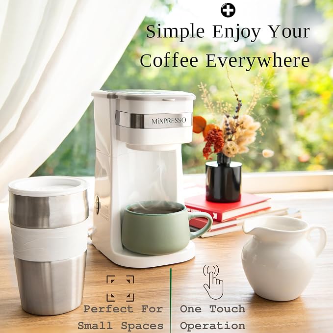 Mixpresso Single Serve & Single Cup Coffee Maker with 14oz Travel Mug White | For ground coffee only, reusable filter, auto shut off. Compact personal drip coffee maker, not compatible with K-Cup pods. - Image 6