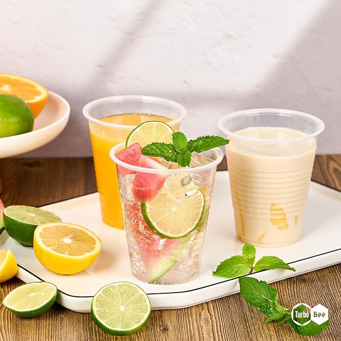Turbo Bee 12oz Plastic Cups 300 Pack,Disposable Clear Drinking Cups for Home, School, Office & Events,Transparent Tumblers for Drinks, Samples & Commercial Use