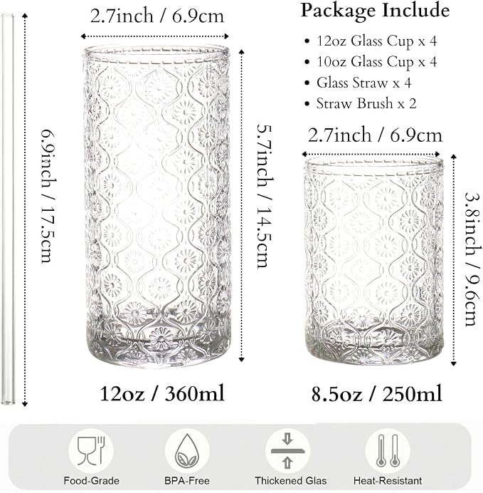 Clear Drinking Glasses Set of 8, 12 Oz Highball & 10 Oz Cocktail Glasses with Straws, Thick Glass Iced Coffee Cups, Floral Embossed Kitchen Vintage Glassware Set for Water, Beer, Juice, Whiskey - Image 7
