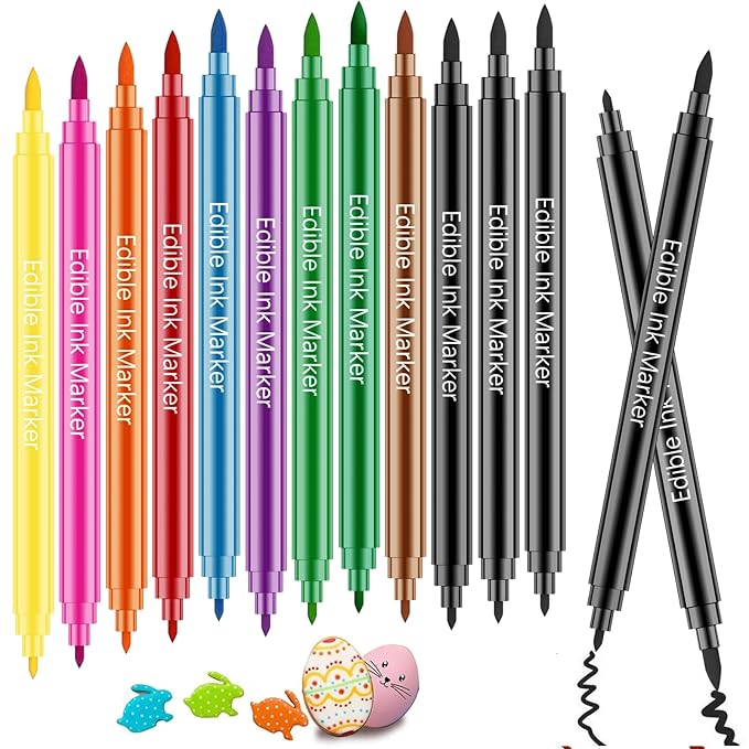 Edible Markers for Cookie Decorating- 12PCS Edible Marker Food Coloring Pens Set Drawing Double Side Writers Tools for Kids DIY Easter Eggs, Cookies, Frosting, Macaroons, Chocolate, Cake Decorations