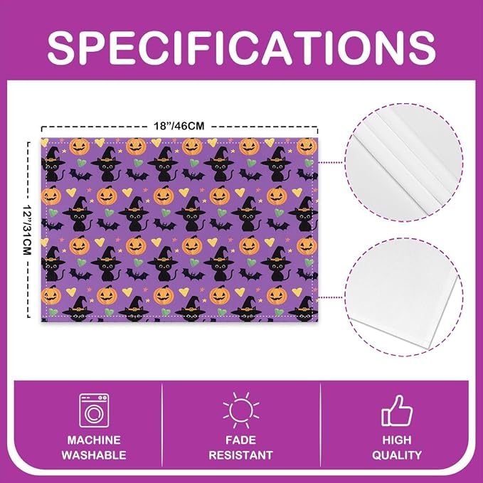 Feelyou Happy Halloween Placemats Set of 4 Cute Ghost Cat Table Mats for Party Kitchen Dining Decoration Holiday Seasonal Purple Orange Black Place Mat for Dinner Table Indoor Outdoor 18"x12" Pumpkin - Image 4