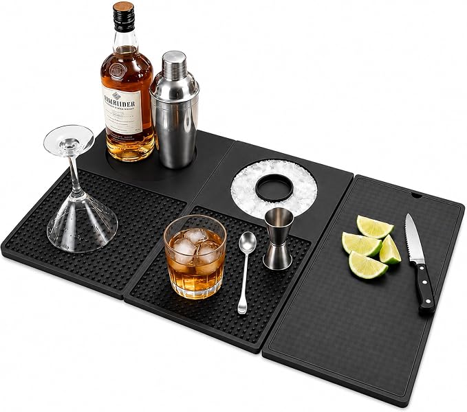Coffee Bar Mats for Countertop, Foldable 3-in-1 Silicone Dish Drying Mat | Black Silicone, Home Bar Counter, Foldable Dish Mat Drying Kitchen Mat, Integrated Cutting Board, Bartender Accessories by Unknown