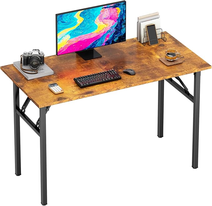 DlandHome 39.4 Inch Small Folding Computer Desk for Home Office, Retro | Foldable Writing Table for Small Spaces Bedroom, No Assembly Required, Wood Top Metal Frame, Collapsible Compact Easy Storage - Image 8