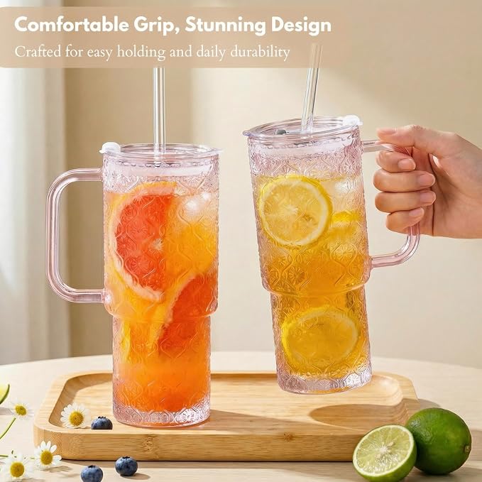 20 oz Pink Glass Tumbler with Lid and Straw, Glass Iced Coffee Cups, Spill-proof Glasses Tumbler with Handle, Hobnail Glasses Drinking Set of 2, Vintage Glassware for Cocktail, Smoothies - Image 9