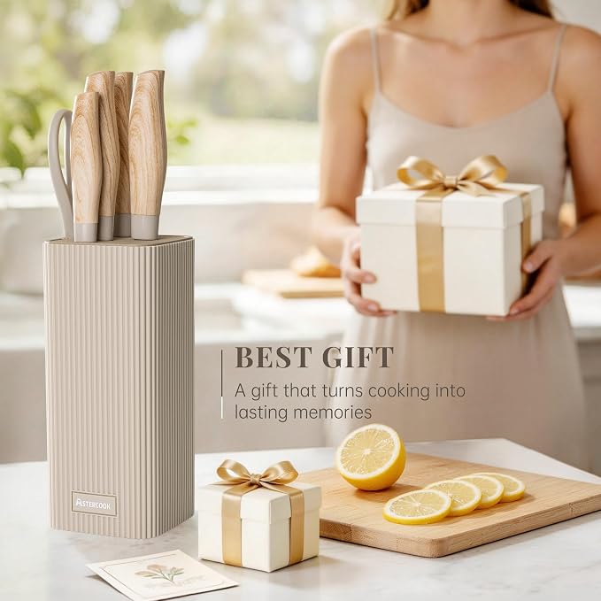 Astercook Knife Set, 6-Piece Kitchen Knife Set with Block, High Carbon Stainless Steel Ultra Sharp Kitchen Knives, Wood Grain Handle, Dishwasher Safe Knife Block Set, Khaki, Kitchen Utility Knives - Image 9